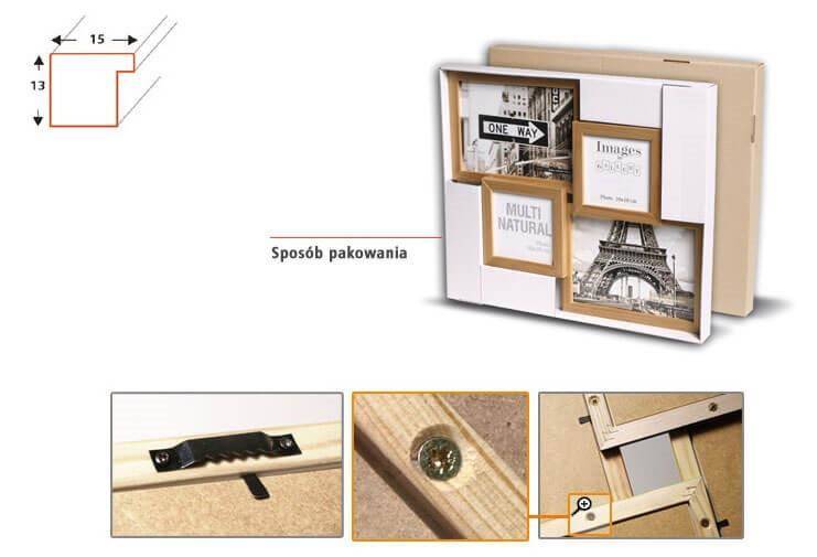 Multirama drewniana Natural 43, zestaw ramek 2 X 10x10 cm, 2 X 13x18 cm - naturalna